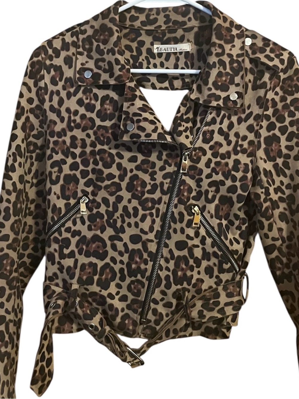 Leopard Print Moto Jacket - Brown/Tan
